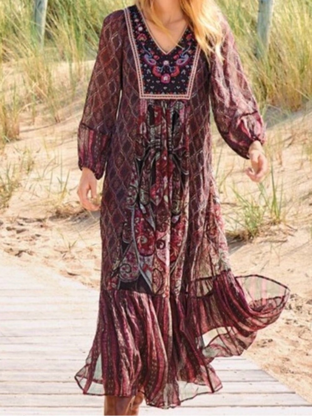 Soft Surroundings Embroidered Dark Paisley Boho Maxi Dress - Picture 9 of 9